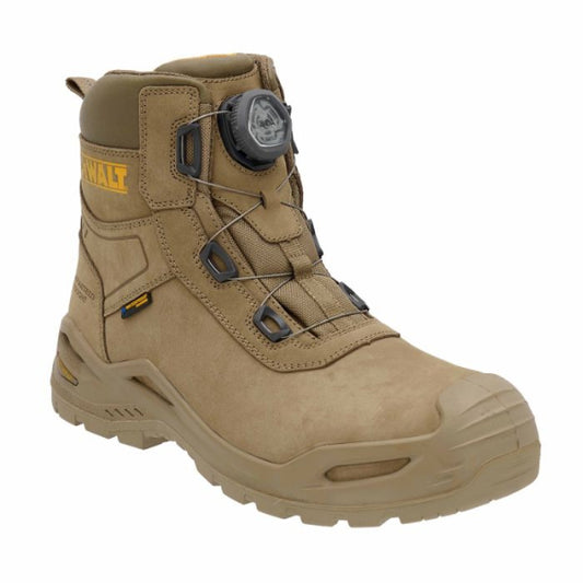 Front view of the DeWalt Lander BOA safety boot in sand, featuring a nubuck leather upper, BOA® Fit System dial closure, reinforced scuff‑resistant toe and padded ankle collar, photographed on a white background.