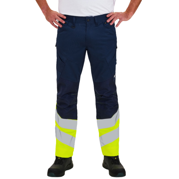 Navy work pants with reflective yellow and gray stripes worn by a person on a white background. Engel work trousers in high-visibility yellow with elastic waistband.