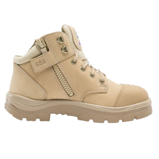 Beige boot with a visible brand logo on a white background.