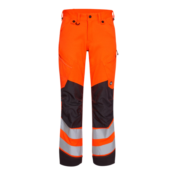 Engel 2544-314 high visibility work trousers shown from the front in orange and anthracite grey with reflective bands.