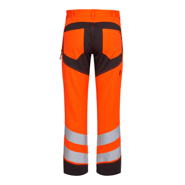 Rear view of Engel 2544-314 hi-vis safety trousers in bright orange and anthracite grey with dual reflective bands.