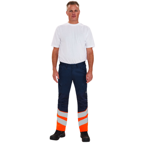 Person wearing navy work pants with high-visibility orange and reflective white stripes on a white background