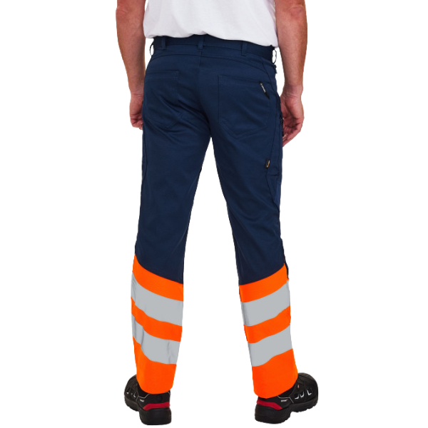 profile of Engel 2546-314 trousers showing functional cargo pockets. Navy work pants with orange and reflective gray stripes on a white background. 