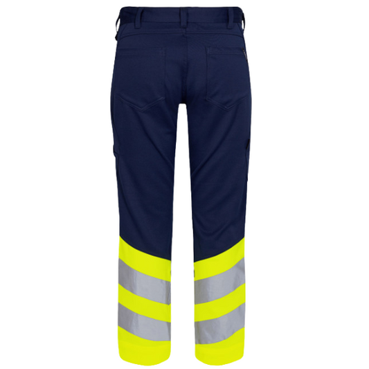 Back view of Engel 2546-314 stretch trousers with tool loops. Navy work pants with yellow reflective stripes on a white background.