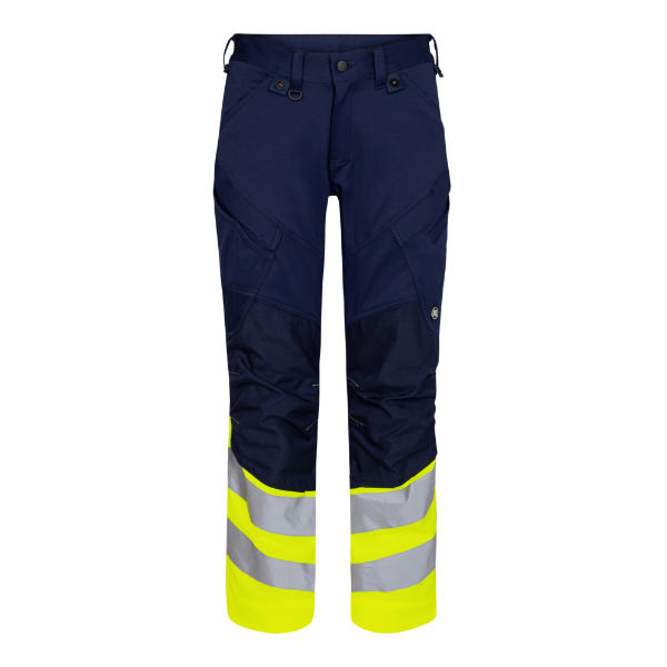 Work trousers with reflective hi-vis yellow and navy colour blocks, featuring multiple pockets and reinforced knee pockets.