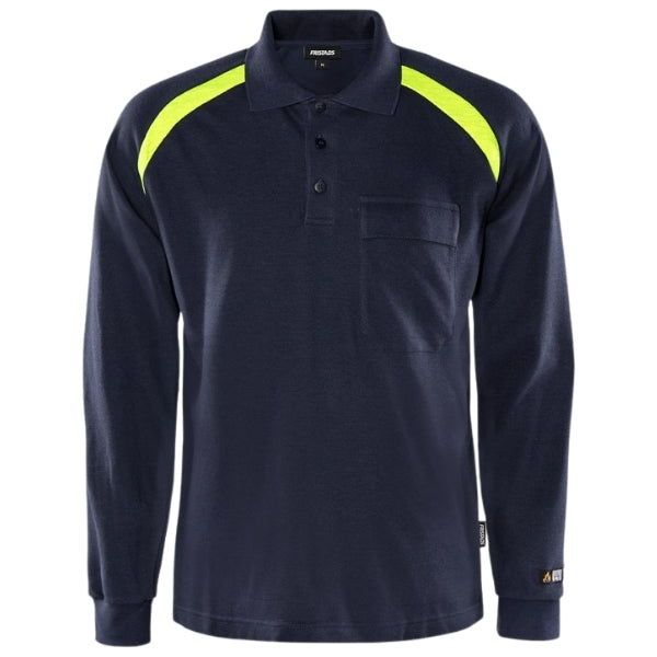 Front view of the Fristads Flame Retardant Long Sleeve Polo Shirt 100472-540 in navy.