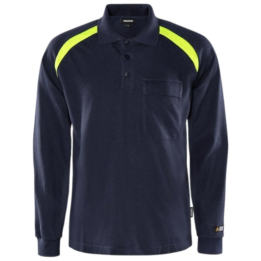 Front view of the Fristads Flame Retardant Long Sleeve Polo Shirt 100472-540 in navy.