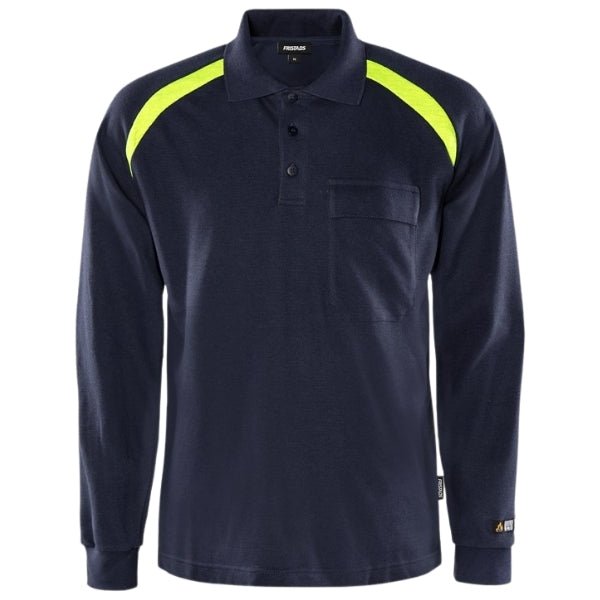 Front view of the Fristads Flame Retardant Long Sleeve Polo Shirt 100472-540 in navy.