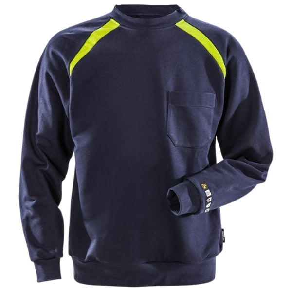 Front view of the Fristads Flame Retardant Sweatshirt 100581-540 in navy with chest pocket.