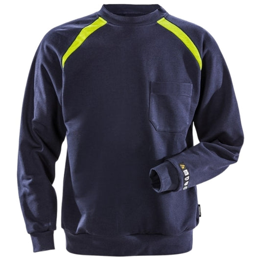 Front view of the Fristads Flame Retardant Sweatshirt 100581-540 in navy with chest pocket.