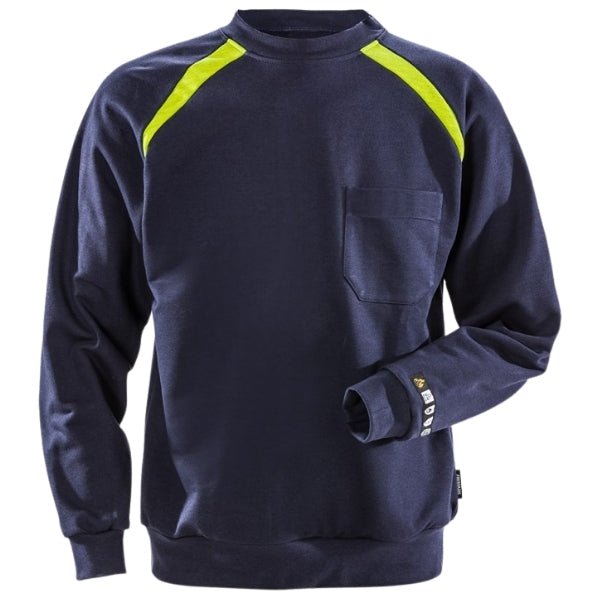 Front view of the Fristads Flame Retardant Sweatshirt 100581-540 in navy with chest pocket.
