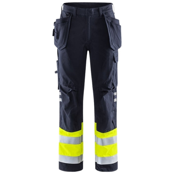 Front view of the Fristads Flame Retardant Hi-Vis Craftsman Work Trousers 109417-171 in yellow and navy