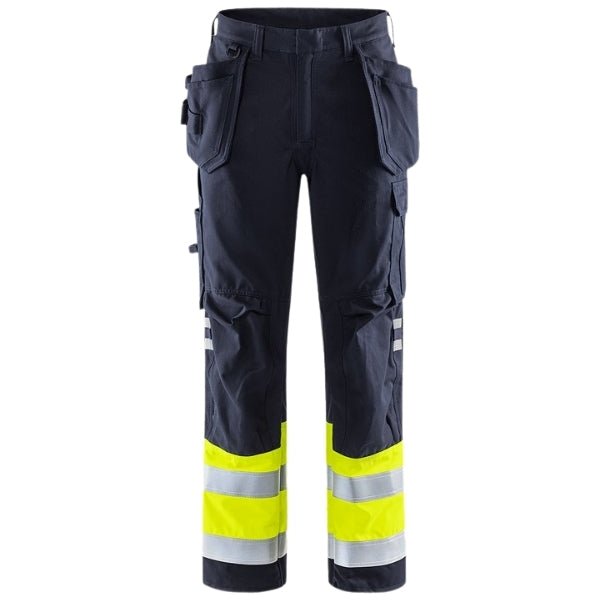 Front view of the Fristads Flame Retardant Hi-Vis Craftsman Work Trousers 109417-171 in yellow and navy