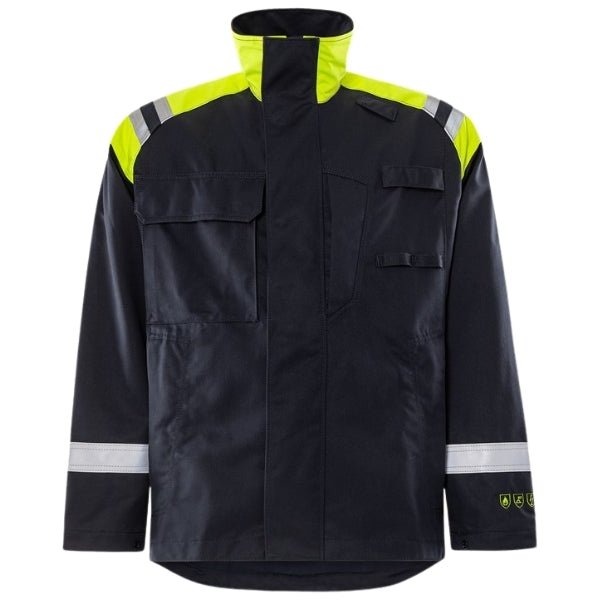 Front view of the Fristads Flame Retardant Jacket 119921-540 in navy with concealed front placket