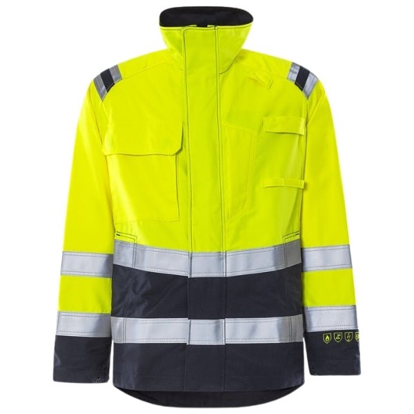 Front view of the Fristads Flame Retardant Hi-Vis Jacket 119922-171 in yellow and navy with reflective shoulder detail.