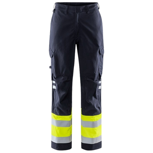 Front view of the Fristads Flame Retardant Hi-Vis Work Trousers 121355-171 in yellow and navy