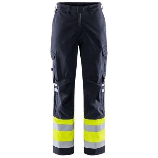 Front view of the Fristads Flame Retardant Hi-Vis Work Trousers 121355-171 in yellow and navy