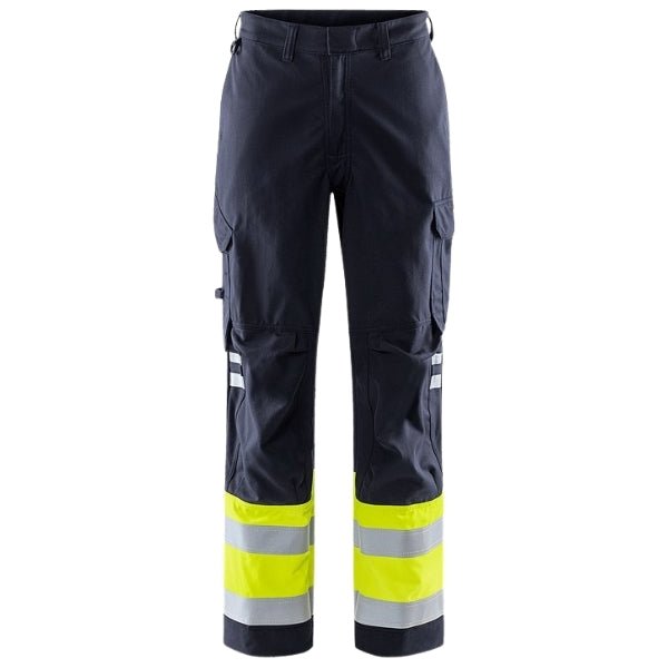 Front view of the Fristads Flame Retardant Hi-Vis Work Trousers 121355-171 in yellow and navy