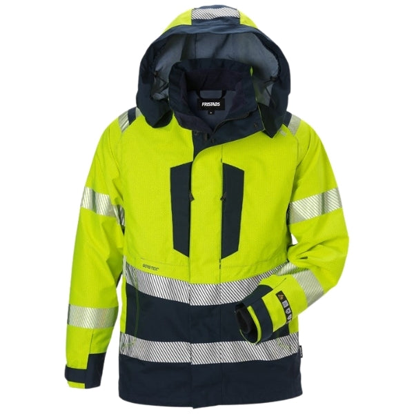 Front view of the Fristads Flame Retardant Hi-Vis Jacket 125617-171 in yellow and navy with reflective shoulder detail.