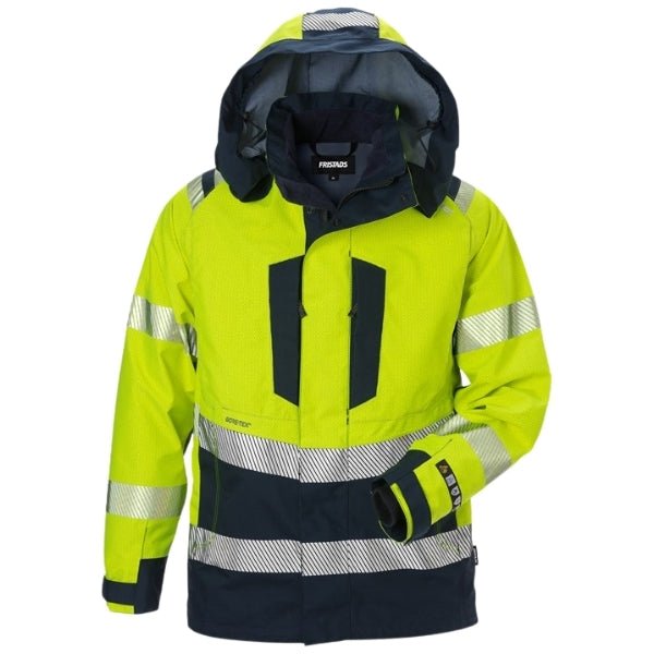 Front view of the Fristads Flame Retardant Hi-Vis Jacket 125617-171 in yellow and navy with reflective shoulder detail.