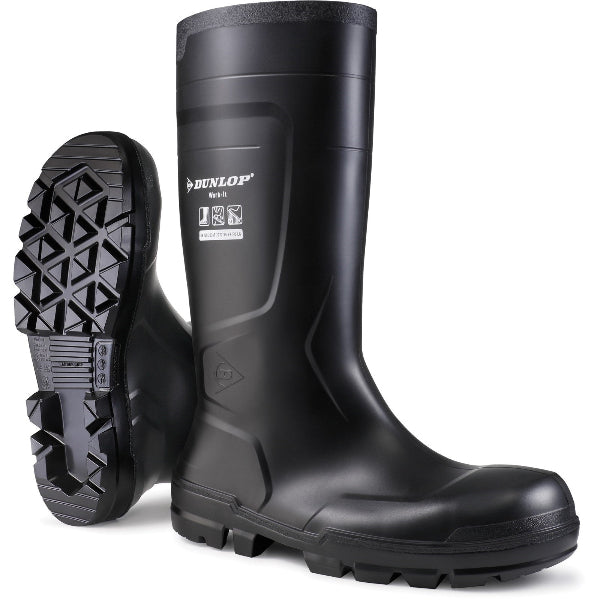 A pair of black Dunlop Wellington safety boots with a non-slip sole, designed for general work use.