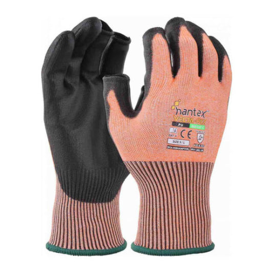 Pair of Hantex Vecta‑12 Cut C fingerless gloves with PU‑coated black palm and orange HPPE knit shown on a white background.