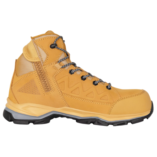 Yellow work boot with black sole on a white background. Hard Yakka Atomic Safety Boots.