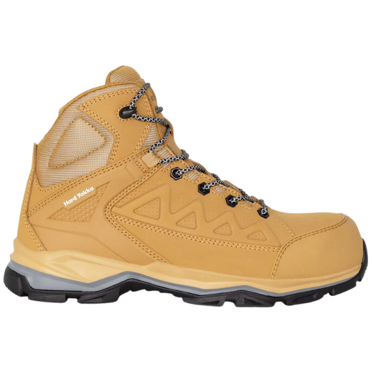 Hard Yakka Atomic Safety Boots. Yellow work boot with black sole on a white background. 