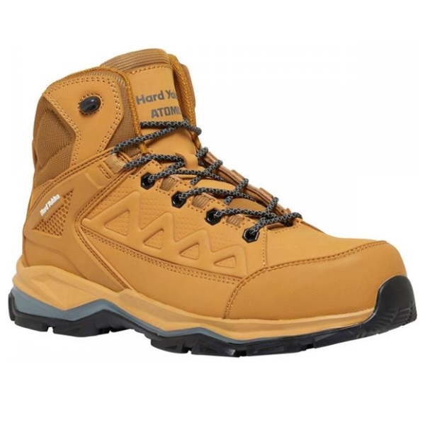 Brown work boot with brand logo on a white background. The Hard Yakka Atomic Safety Boot.