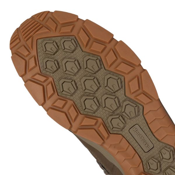 Sole view of the Hard Yakka Safety Boots S7S in tan showing the hexagonal patterned slip-resistant PU/rubber outsole with Hard Yakka branding.