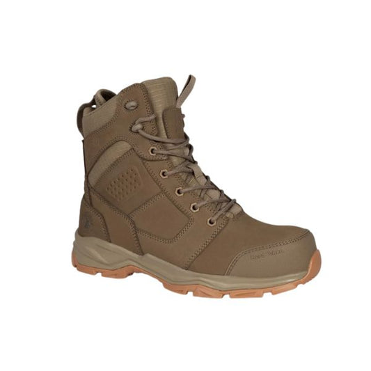 Front angle view of the Hard Yakka Fusion Work Boot S7S in tan showing full-grain leather upper and lace-up fastening.