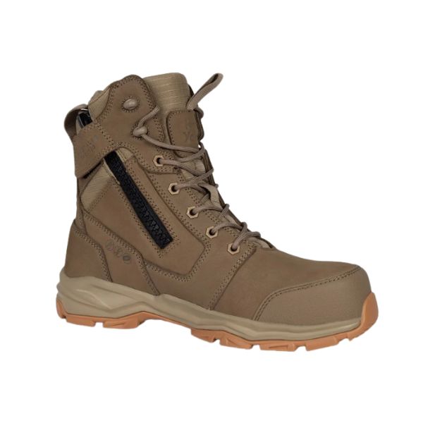Side view of the Hard Yakka Fusion Work Boot S7S in tan highlighting the SAB resin side zipper and ripstop mesh panels.