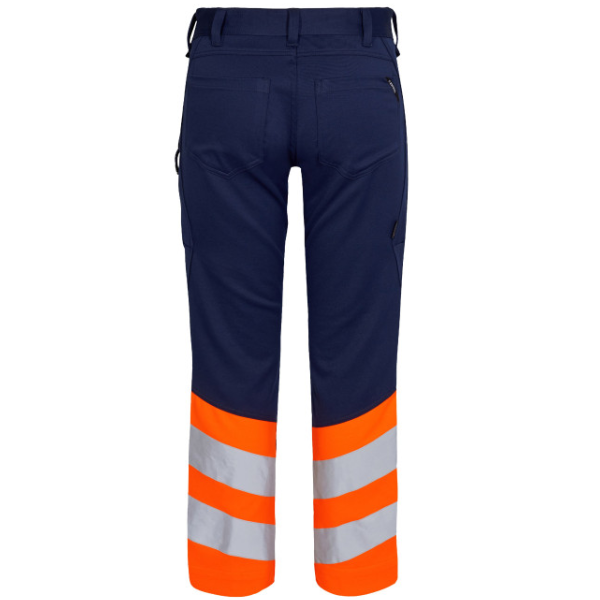 Back view of Engel 2546-314 stretch trousers with tool loops. Navy work pants with orange and reflective stripes on a white background