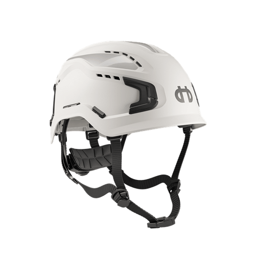 Hellberg Sector Vented Safety Helmet 32502 in white, front view showing the ratchet adjustment wheel and vented shell