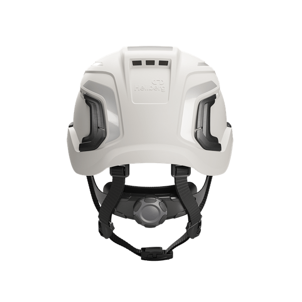 Rear view of the Hellberg safety helmet showing the ventilation channels and shell construction