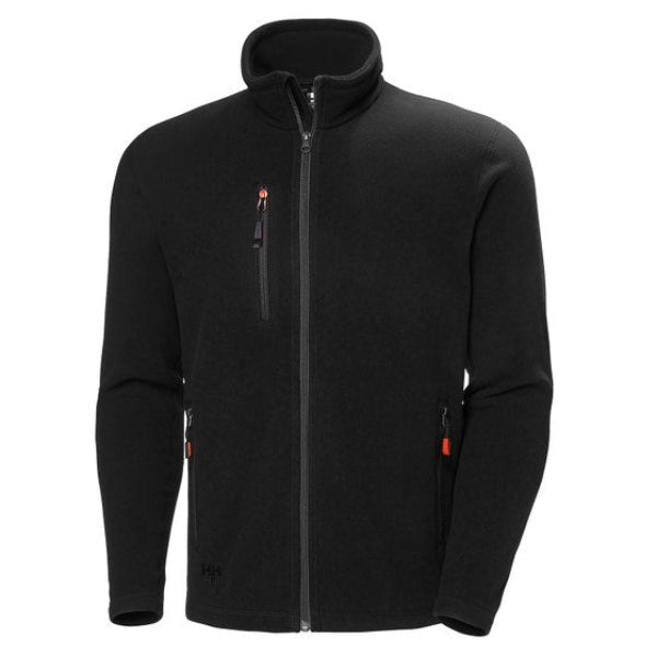 Front view of the Helly Hansen Oxford fleece jacket 72026 in black with a full front zip, soft fleece texture and practical everyday design on a white background