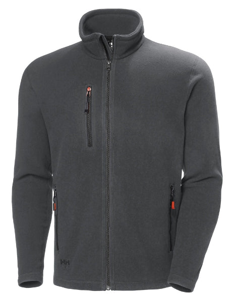 Front view of the Helly Hansen Oxford fleece jacket 72026 in dark grey, showing the full zip closure, lightweight fleece construction and streamlined fit on a white background