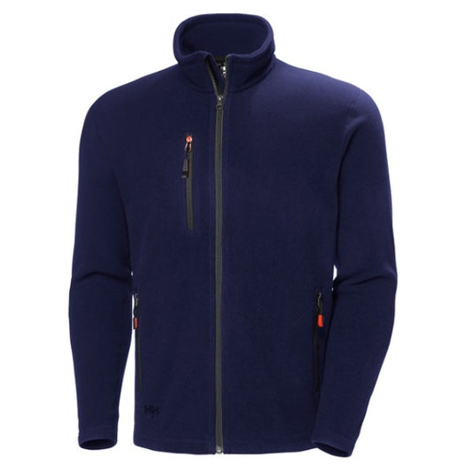 Front view of the Helly Hansen Oxford fleece jacket 72026 in navy, featuring a full zip front, soft Polartec fleece fabric and a clean minimal design on a white background