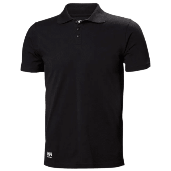 Helly Hansen Polo Shirt 79167 in black, front view showing the brand logo detail