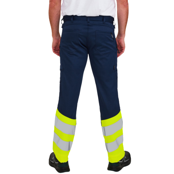 profile of Engel 2546-314 trousers showing functional cargo pockets. Navy work pants with high-visibility yellow and reflective gray stripes on a white background. 