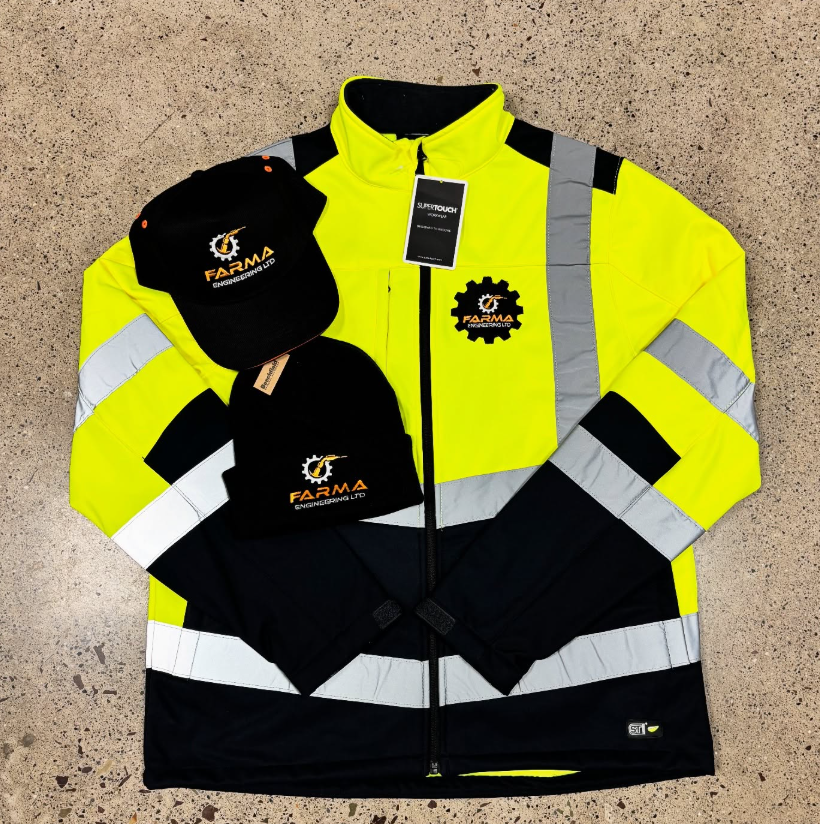 Hi-vis yellow and black safety jacket with matching embroidered cap showing a fully branded workwear uniform set with company logo.
