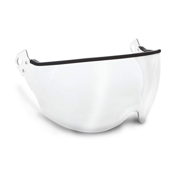 Clear helmet visor with black rim on a white background