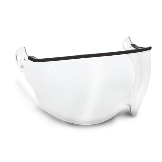 Clear helmet visor with black rim on a white background