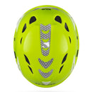 Bright yellow helmet with black vent holes on a white background