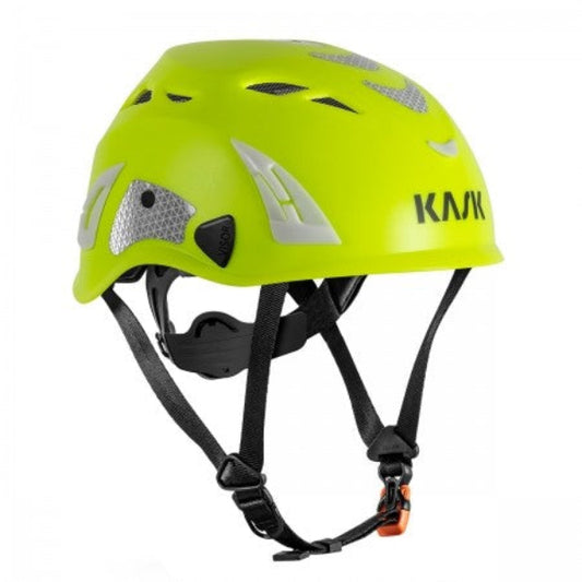 Yellow helmet with black straps on a white background.