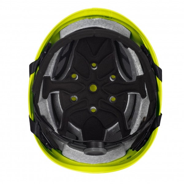 Helmet interior with chin strap and venting system on a white background.