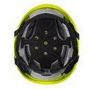 Helmet interior with chin strap and venting system on a white background.