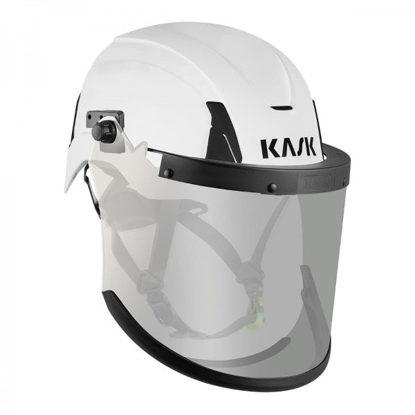 KASK Arc Visor attached to a safety helmet, showing how the visor mounts and provides full‑face protection.