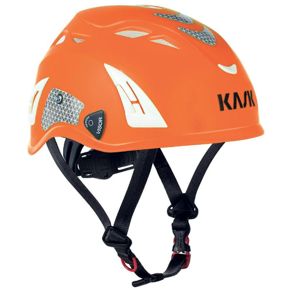 KASK Plasma Hi‑Viz orange safety helmet shown in an angled side view with black adjustable straps on a white background.