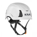 A white KASK safety helmet with an adjustable chinstrap and attachment slots. 